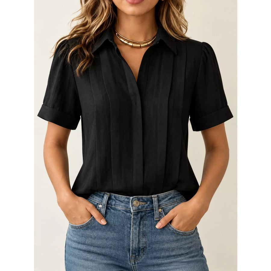 Full Size Button Up Short Sleeve Shirt Plus Black / S Apparel and Accessories