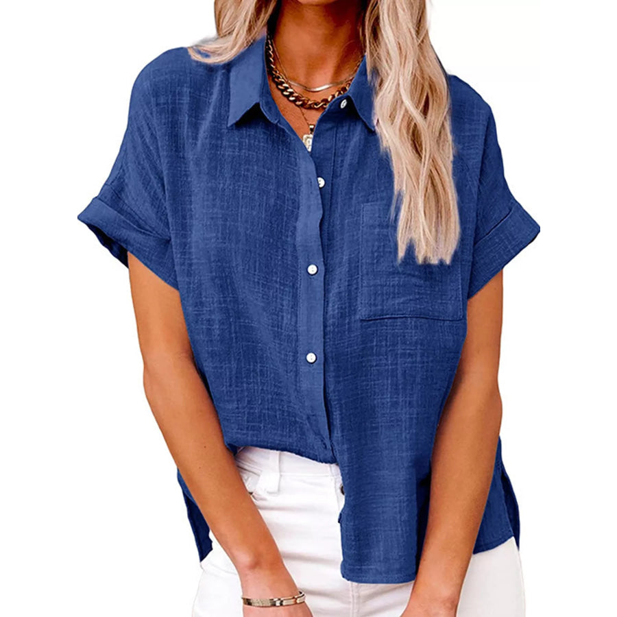 Full Size Button Up Short Sleeve Shirt Plus Blue / S Apparel and Accessories