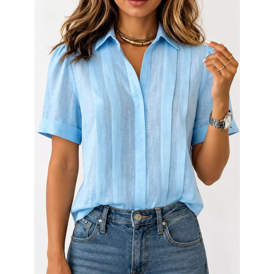 Full Size Button Up Short Sleeve Shirt Plus Blue / S Apparel and Accessories