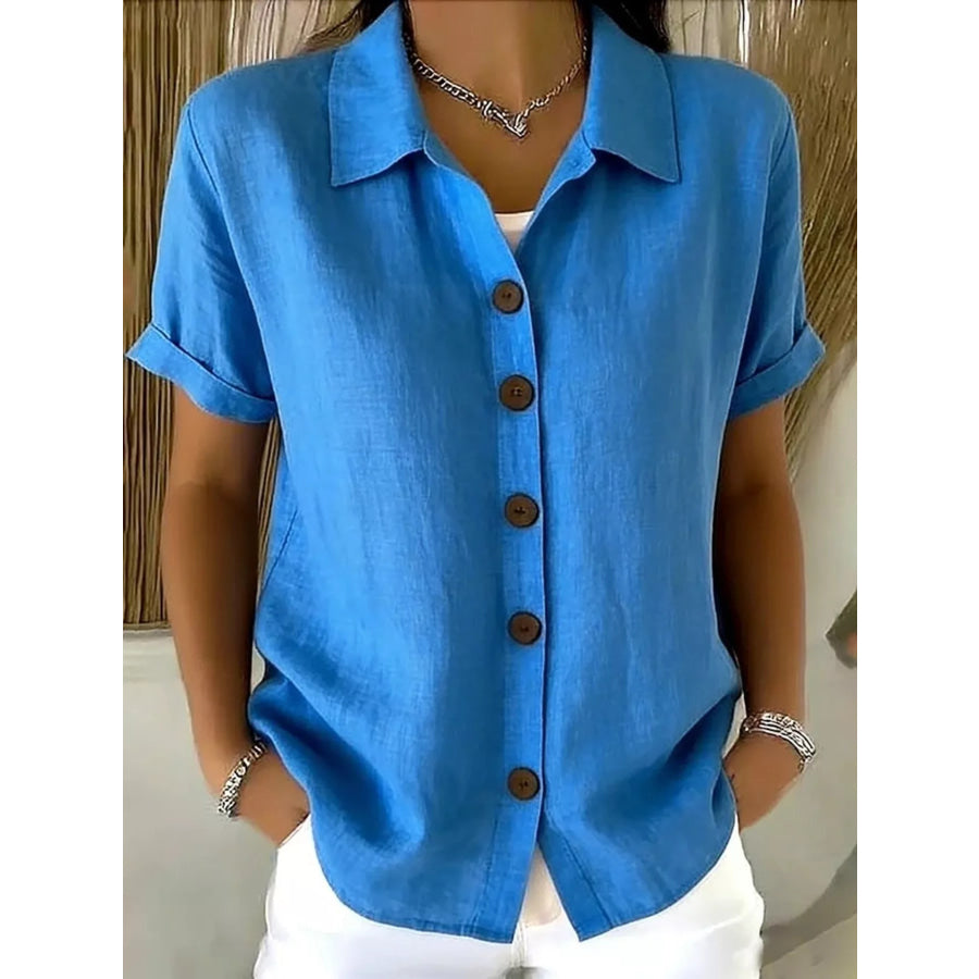 Full Size Button Up Short Sleeve Shirt Plus Size Blue / S Apparel and Accessories