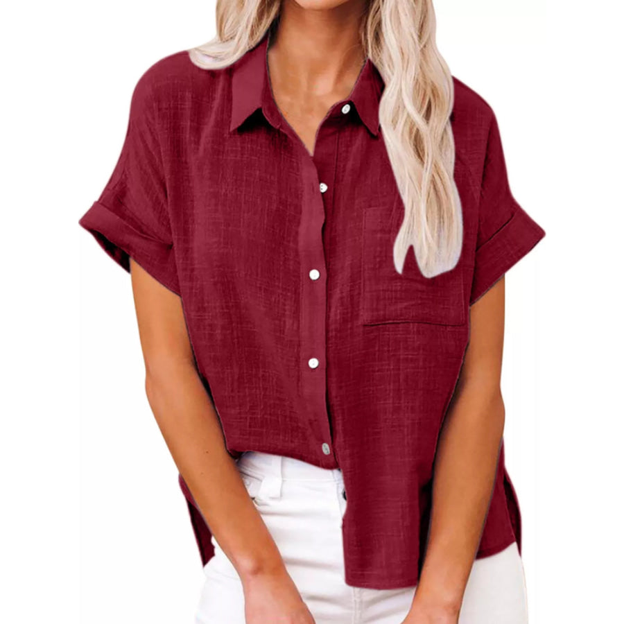 Full Size Button Up Short Sleeve Shirt Plus Burgundy / S Apparel and Accessories