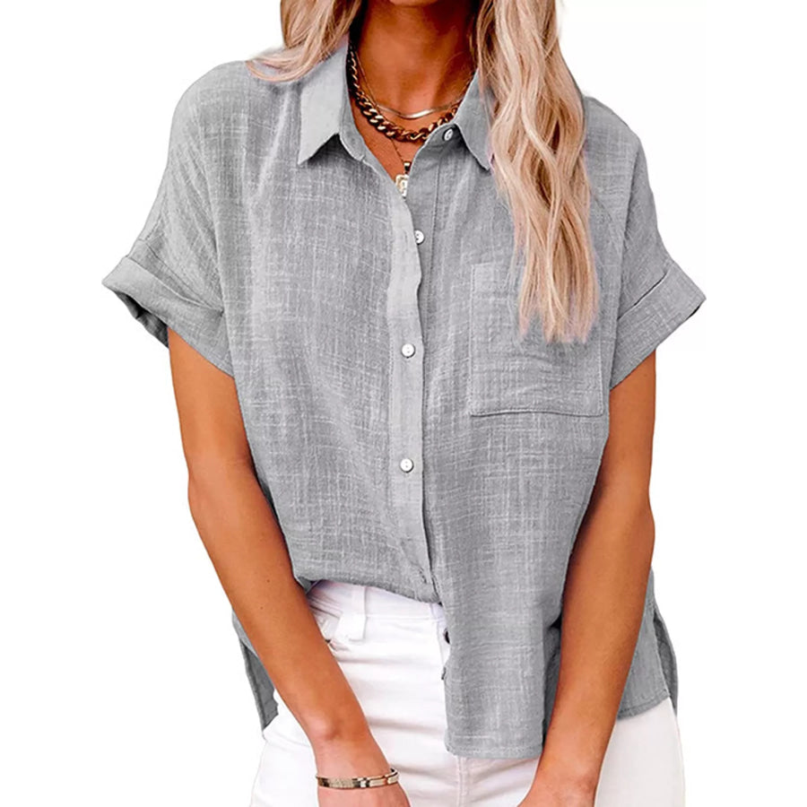 Full Size Button Up Short Sleeve Shirt Plus Gray / S Apparel and Accessories