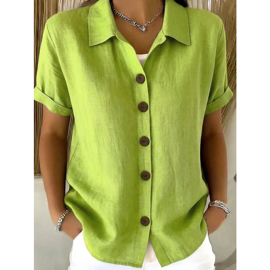 Full Size Button Up Short Sleeve Shirt Plus Size Green / S Apparel and Accessories