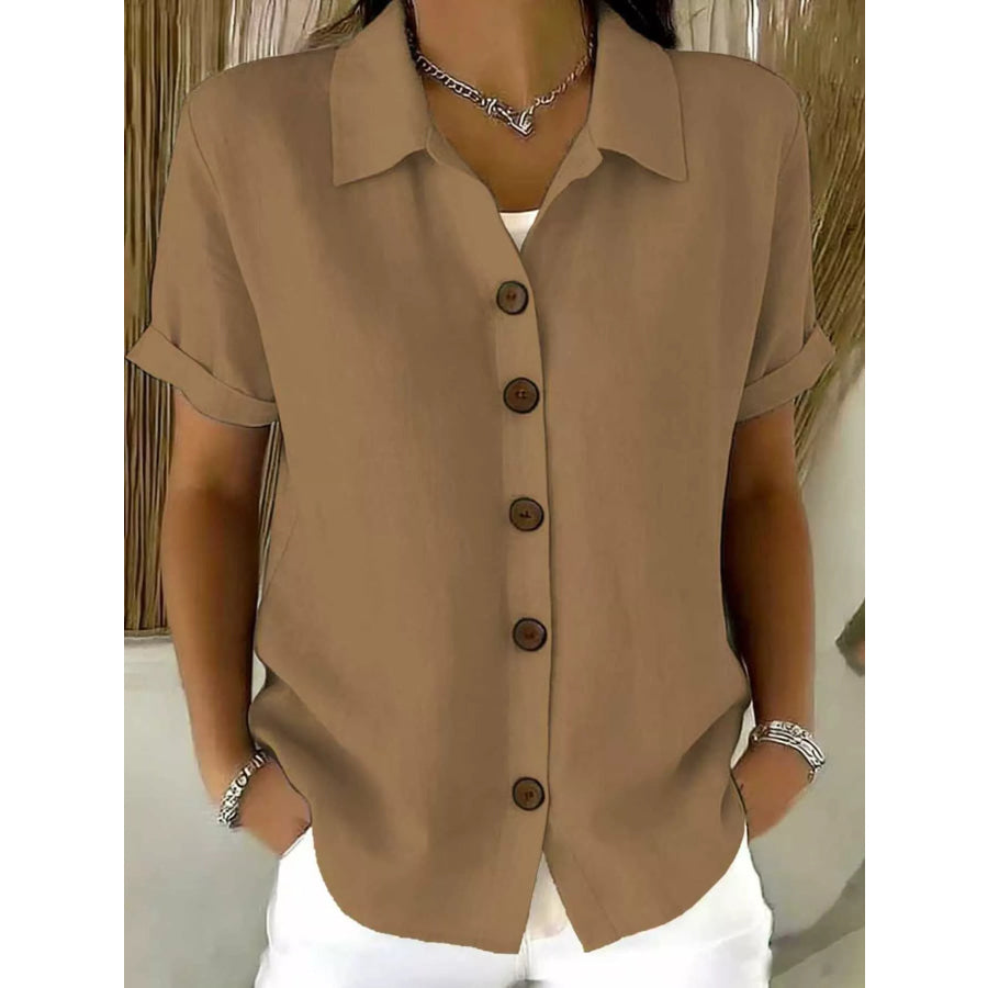 Full Size Button Up Short Sleeve Shirt Plus Size Khaki / S Apparel and Accessories