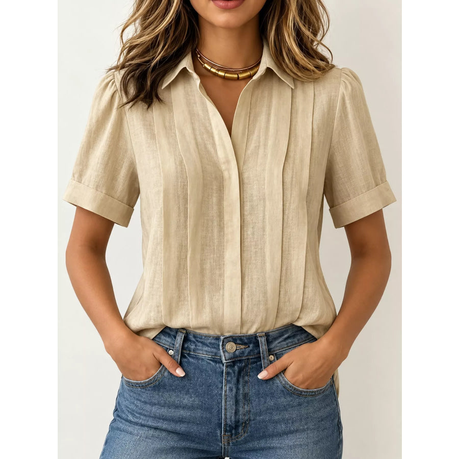 Full Size Button Up Short Sleeve Shirt Plus Khaki / S Apparel and Accessories