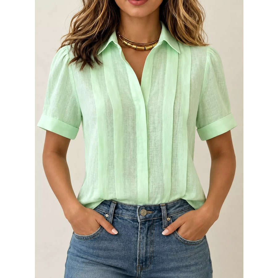 Full Size Button Up Short Sleeve Shirt Plus Light Green / S Apparel and Accessories
