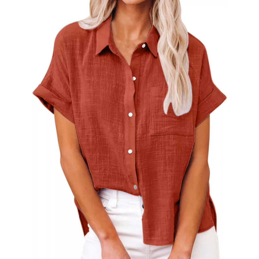 Full Size Button Up Short Sleeve Shirt Plus Orange Red / S Apparel and Accessories