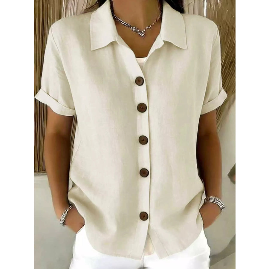 Full Size Button Up Short Sleeve Shirt Plus Size Orange-red / S Apparel and Accessories