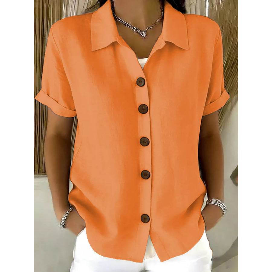 Full Size Button Up Short Sleeve Shirt Plus Size Orange / S Apparel and Accessories