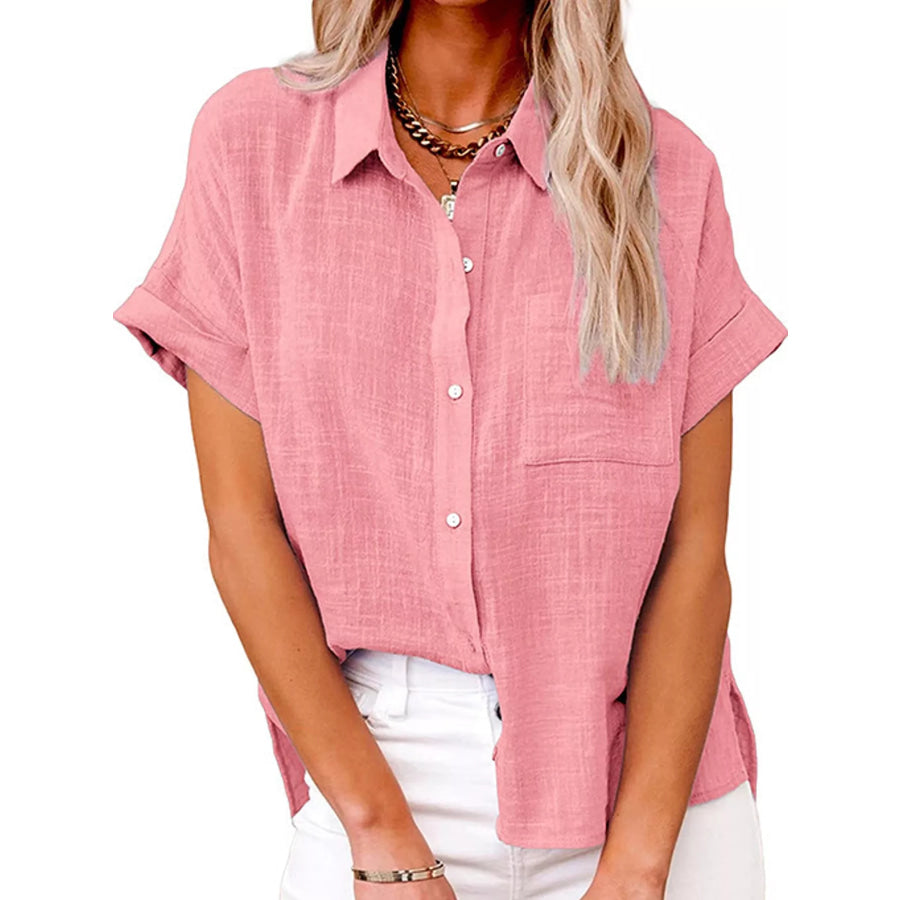 Full Size Button Up Short Sleeve Shirt Plus Pink / S Apparel and Accessories