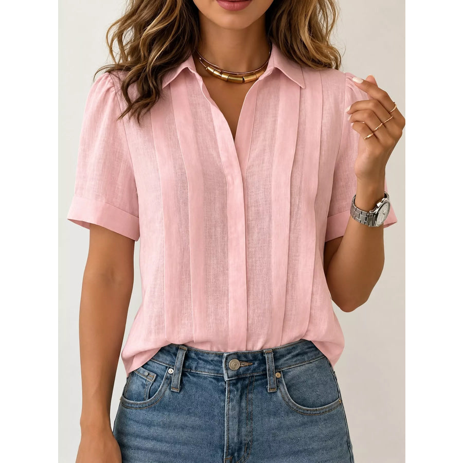 Full Size Button Up Short Sleeve Shirt Plus Pink / S Apparel and Accessories