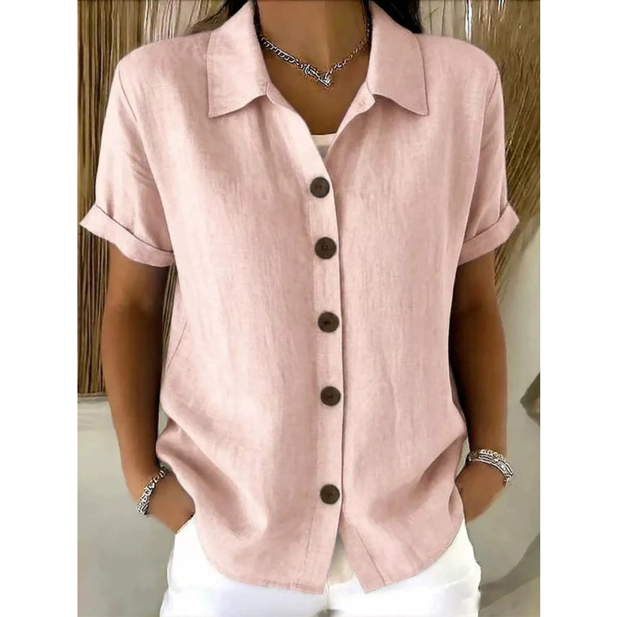 Full Size Button Up Short Sleeve Shirt Plus Size Pink / S Apparel and Accessories
