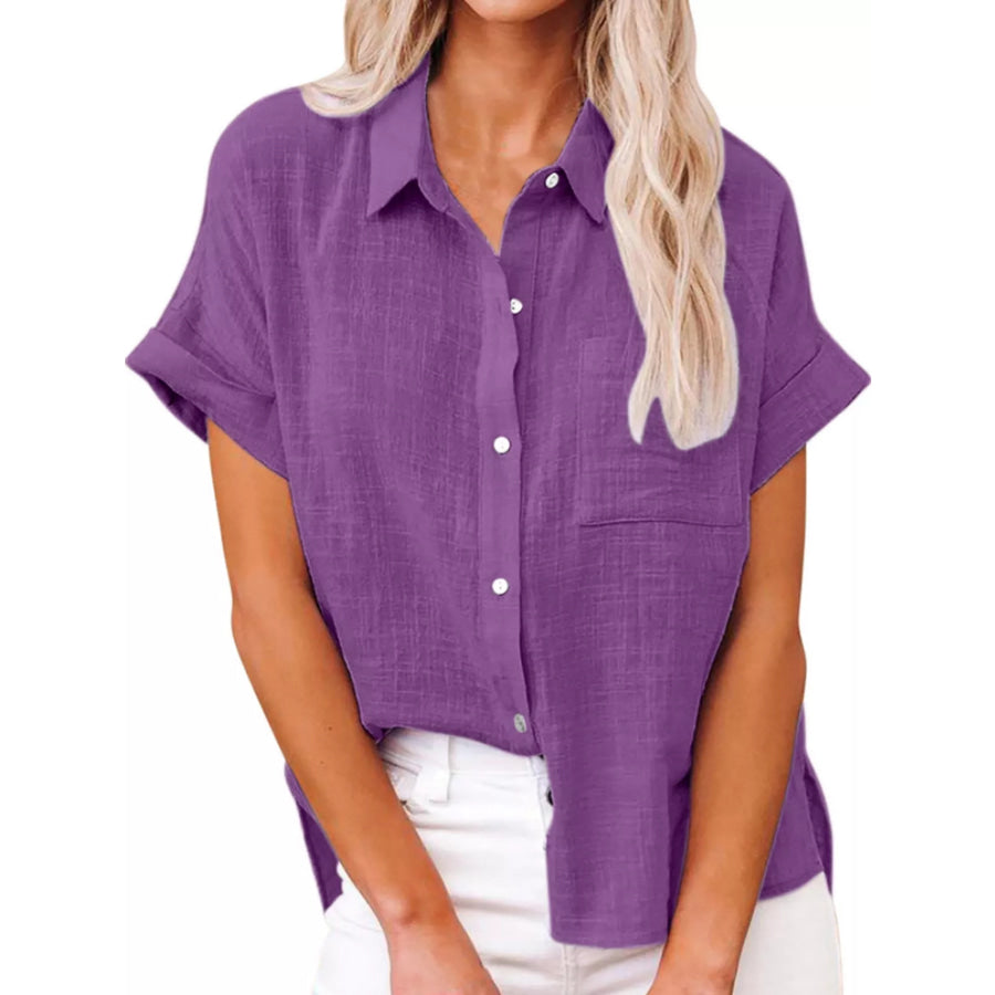 Full Size Button Up Short Sleeve Shirt Plus Purple / S Apparel and Accessories