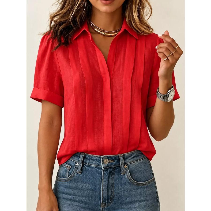 Full Size Button Up Short Sleeve Shirt Plus Red / S Apparel and Accessories