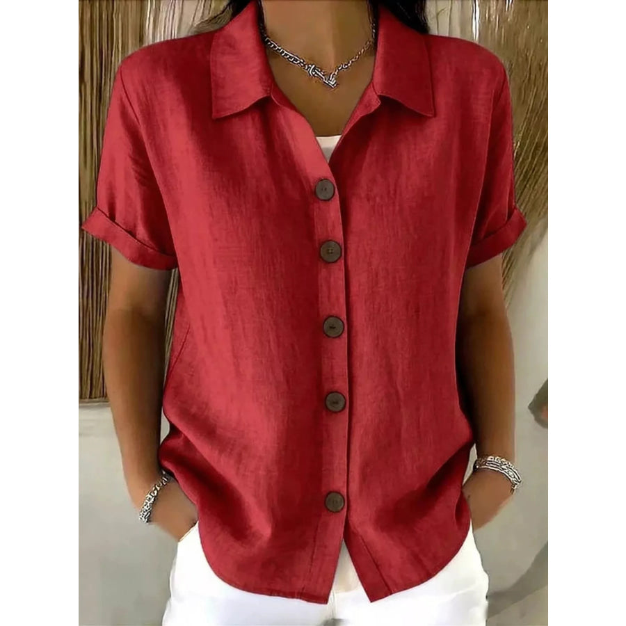 Full Size Button Up Short Sleeve Shirt Plus Size Red / S Apparel and Accessories
