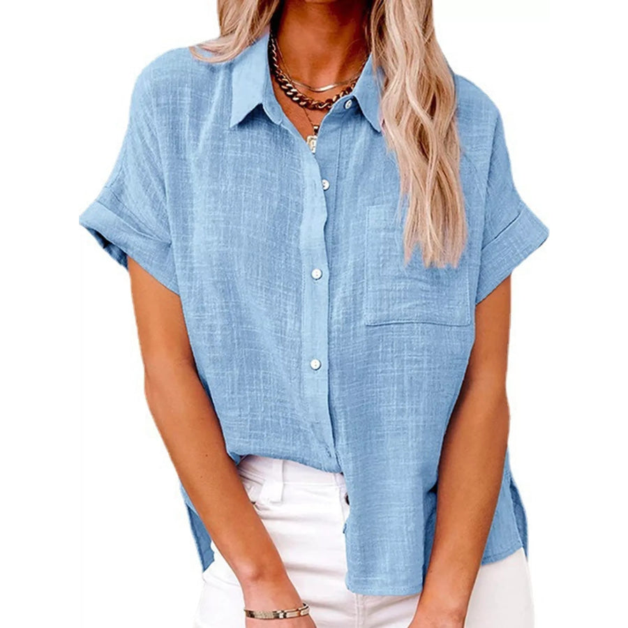 Full Size Button Up Short Sleeve Shirt Plus Sky Blue / S Apparel and Accessories