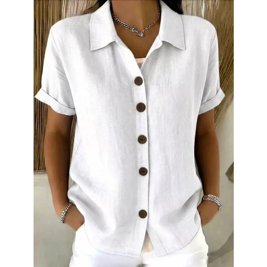 Full Size Button Up Short Sleeve Shirt Plus Size White / S Apparel and Accessories