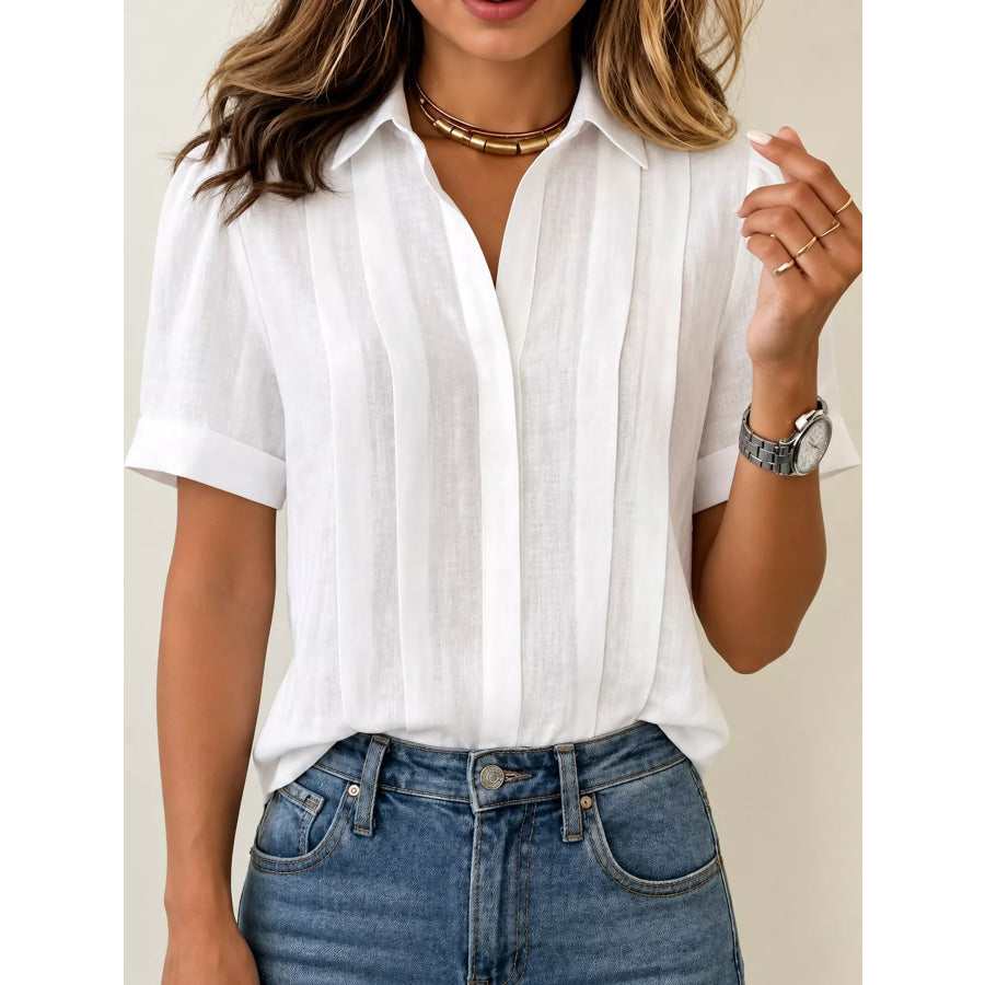 Full Size Button Up Short Sleeve Shirt Plus White / S Apparel and Accessories
