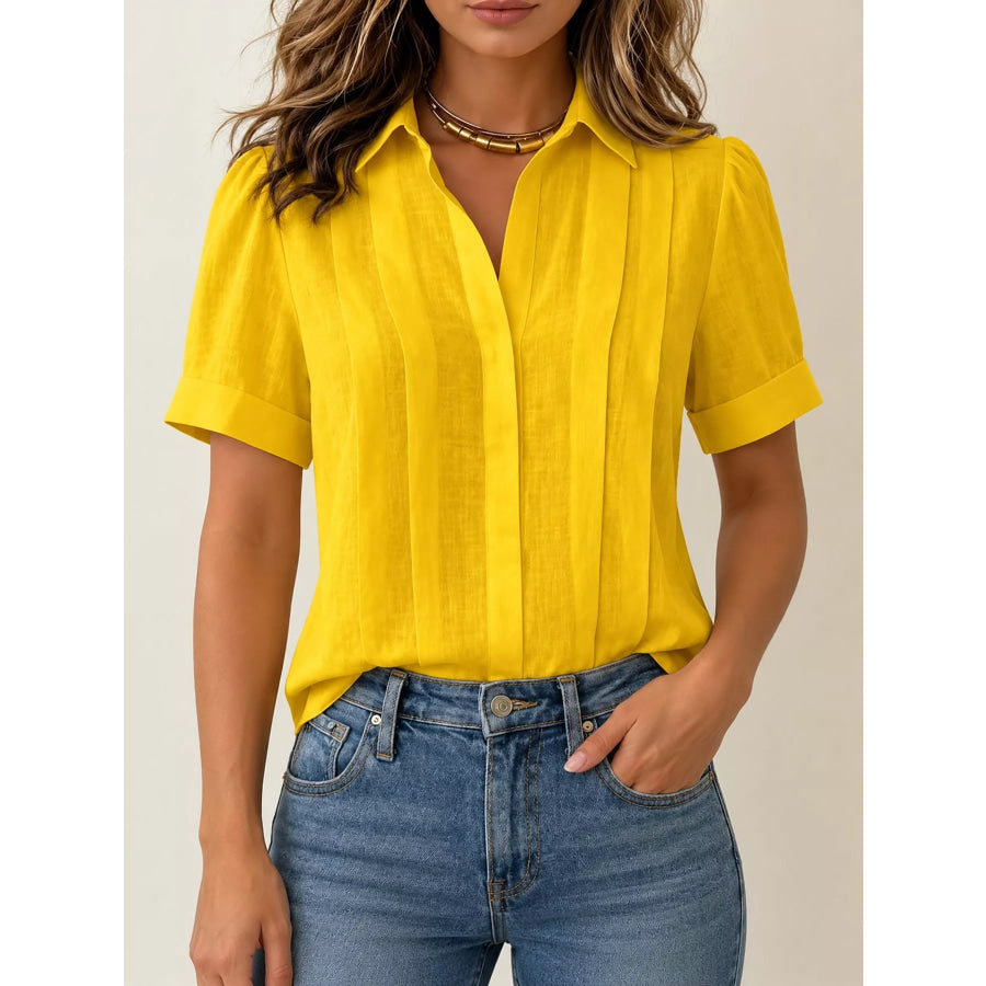 Full Size Button Up Short Sleeve Shirt Plus Yellow / S Apparel and Accessories