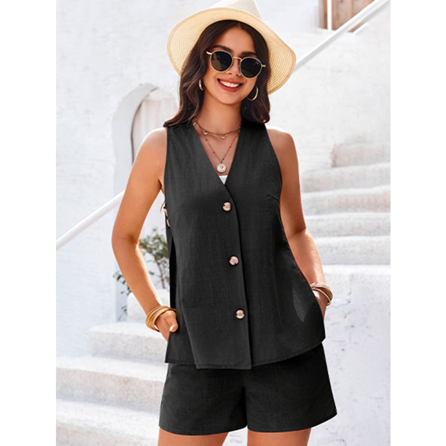 Full Size Button Up Top and Shorts Set Black / S Apparel and Accessories