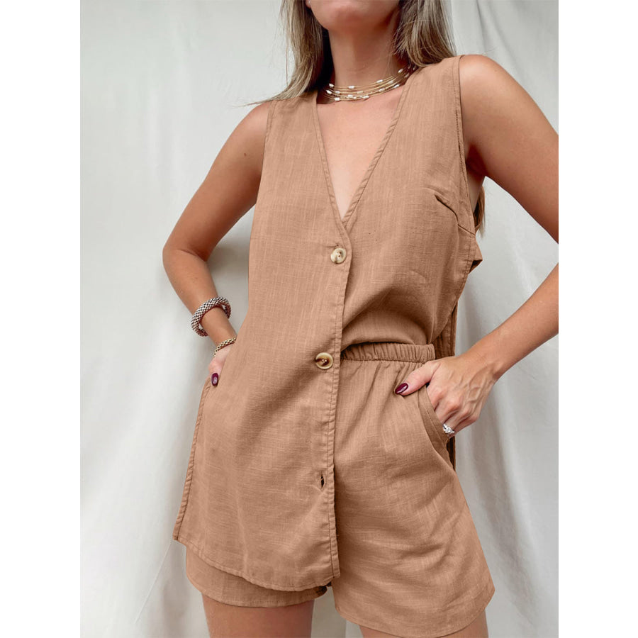 Full Size Button Up Top and Shorts Set Camel / S Apparel and Accessories