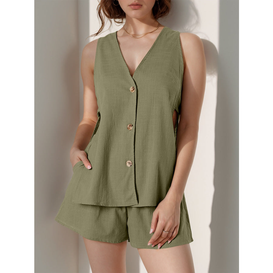 Full Size Button Up Top and Shorts Set Matcha Green / 2XL Apparel and Accessories