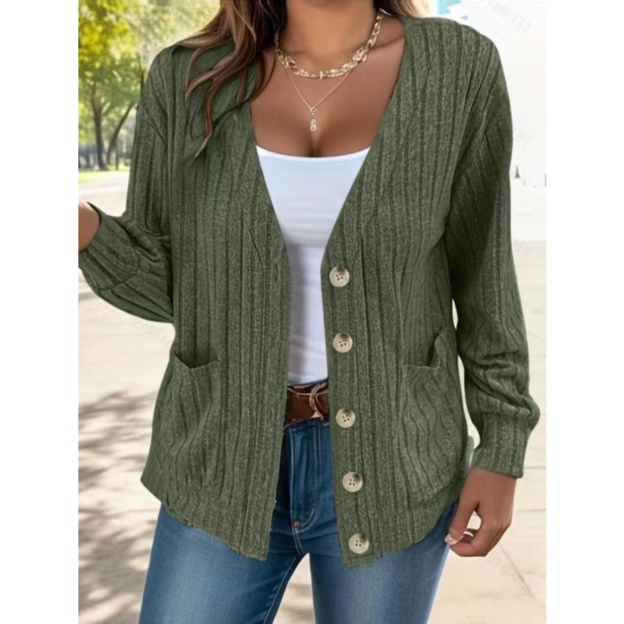 Full Size Button Up V-Neck Long Sleeve Cardigan Apparel and Accessories