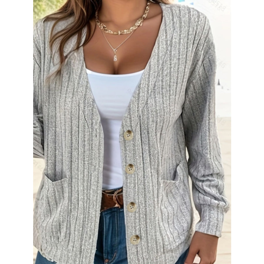 Full Size Button Up V-Neck Long Sleeve Cardigan Light Gray / S Apparel and Accessories