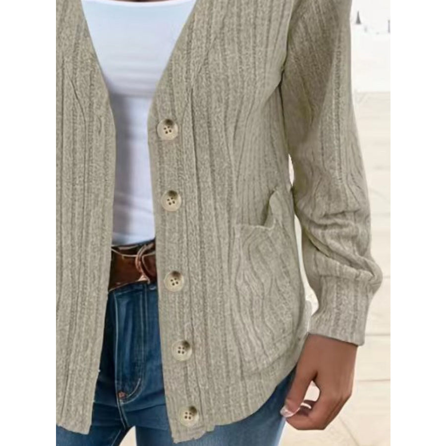 Full Size Button Up V-Neck Long Sleeve Cardigan Apparel and Accessories