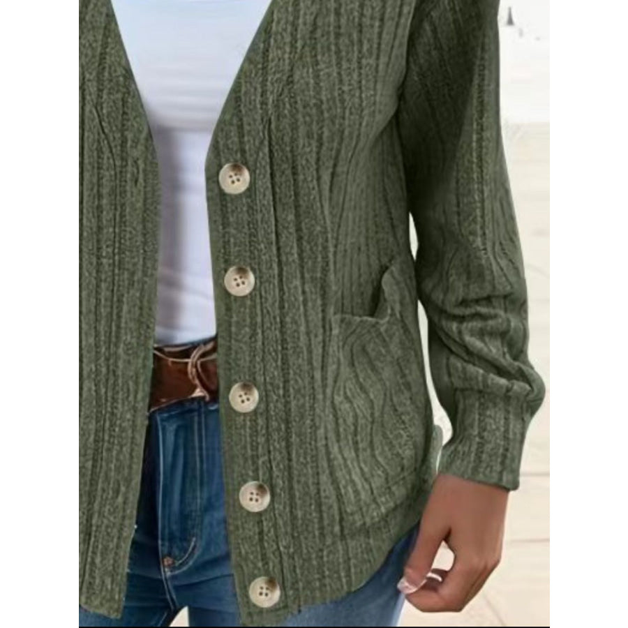 Full Size Button Up V-Neck Long Sleeve Cardigan Apparel and Accessories