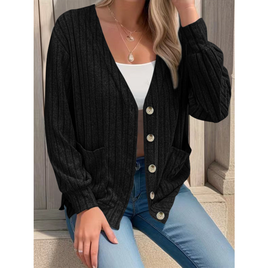 Full Size Button Up V-Neck Long Sleeve Cardigan Apparel and Accessories