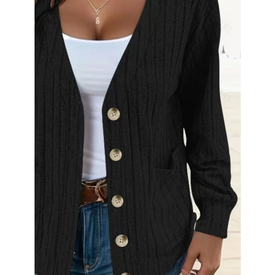 Full Size Button Up V-Neck Long Sleeve Cardigan Apparel and Accessories