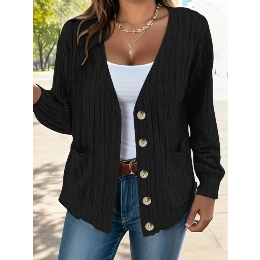 Full Size Button Up V-Neck Long Sleeve Cardigan Black / S Apparel and Accessories