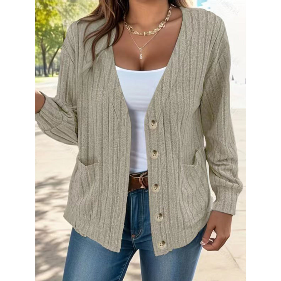 Full Size Button Up V-Neck Long Sleeve Cardigan Khaki / S Apparel and Accessories