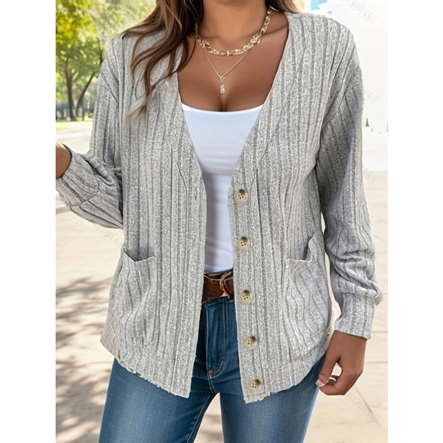 Full Size Button Up V-Neck Long Sleeve Cardigan Light Gray / S Apparel and Accessories