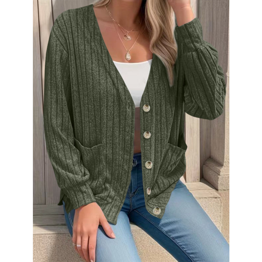 Full Size Button Up V-Neck Long Sleeve Cardigan Moss / S Apparel and Accessories