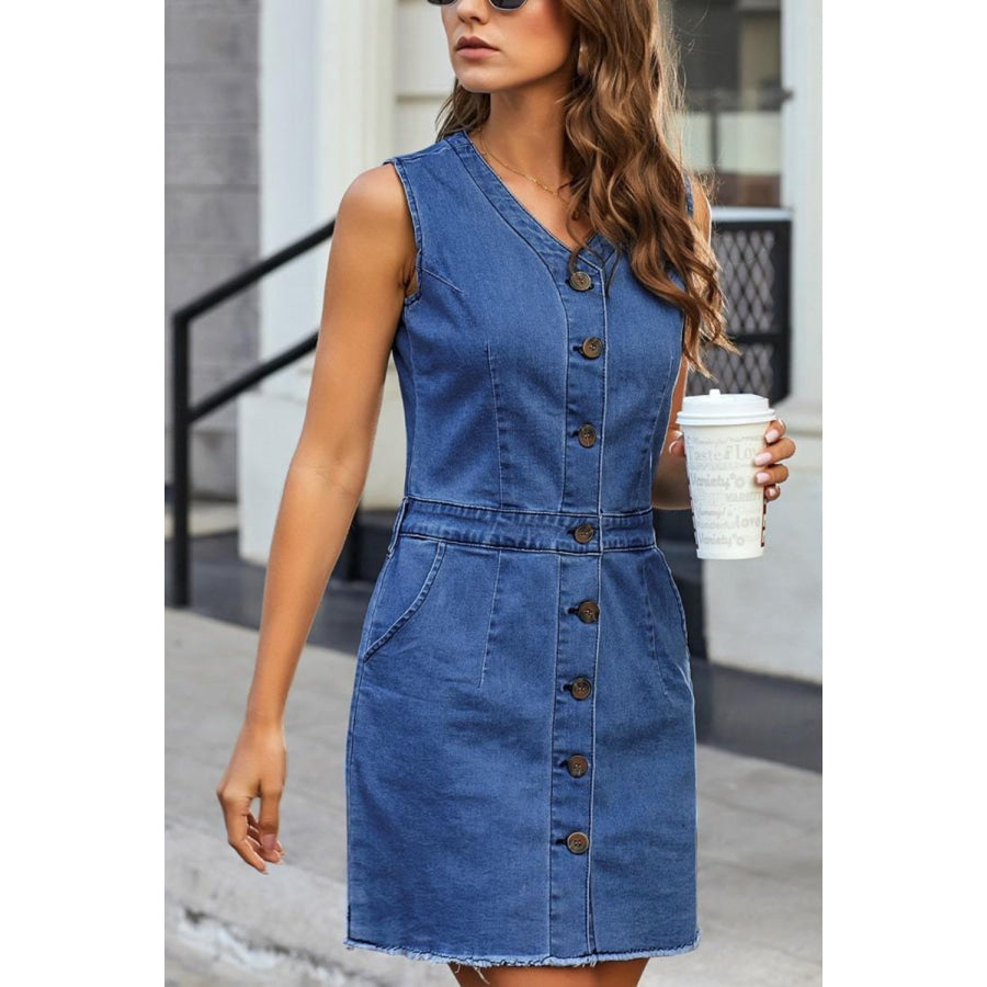 Full Size Button Up V - Neck Sleeveless Denim Dress Apparel and Accessories