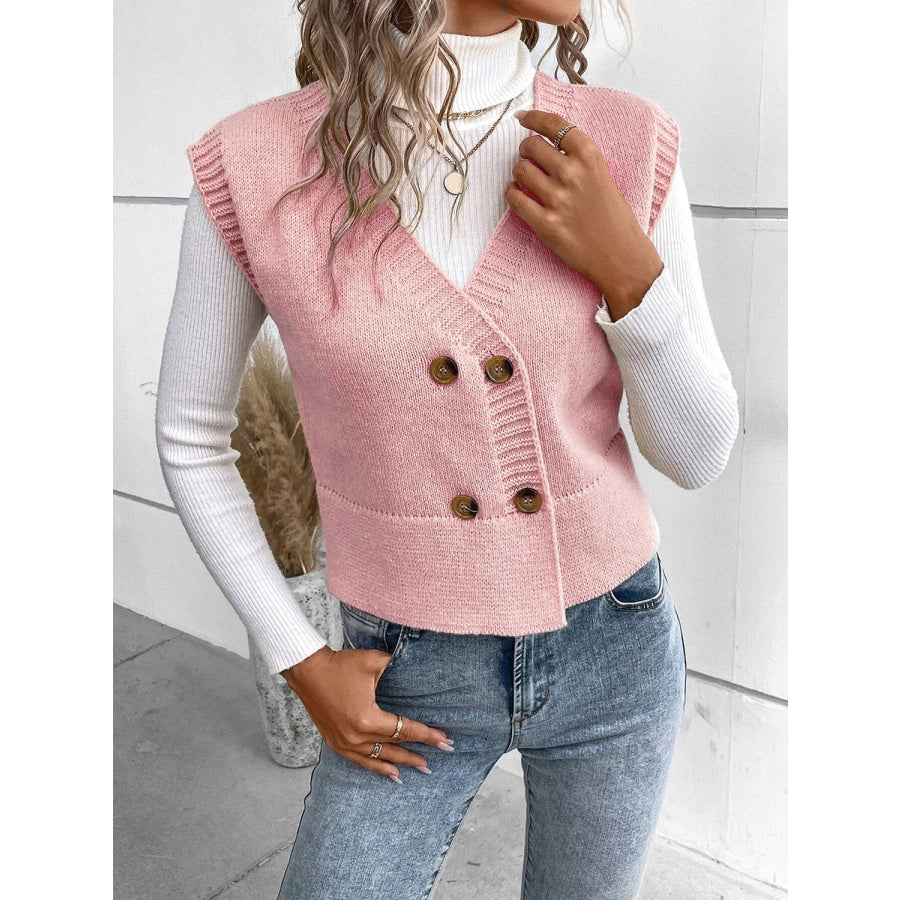 Full Size Button Up V-Neck Sweater Vest Apparel and Accessories