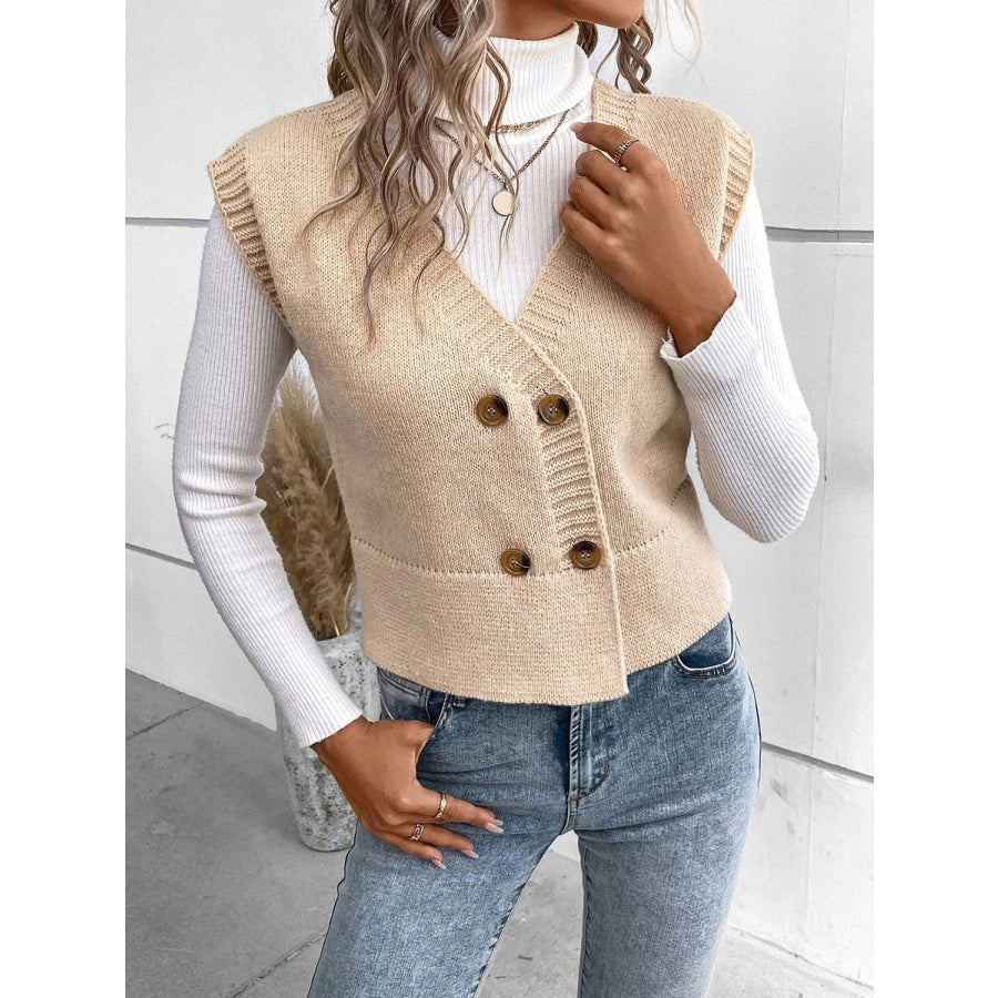 Full Size Button Up V-Neck Sweater Vest Tan / S Apparel and Accessories