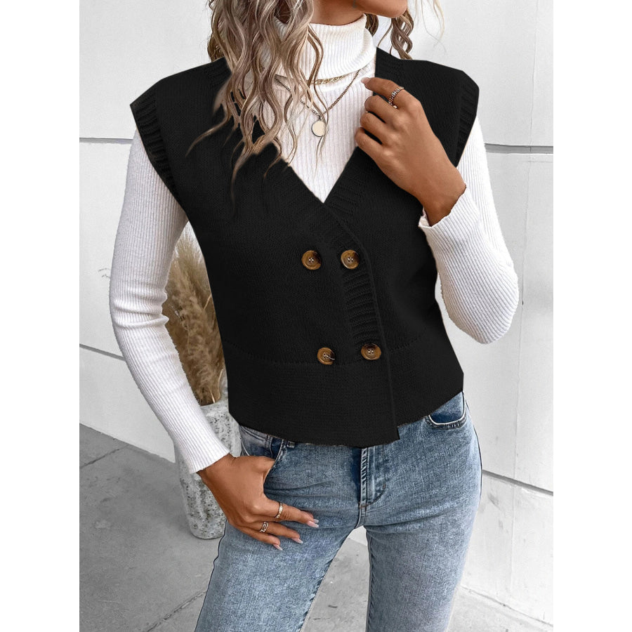 Full Size Button Up V-Neck Sweater Vest Apparel and Accessories