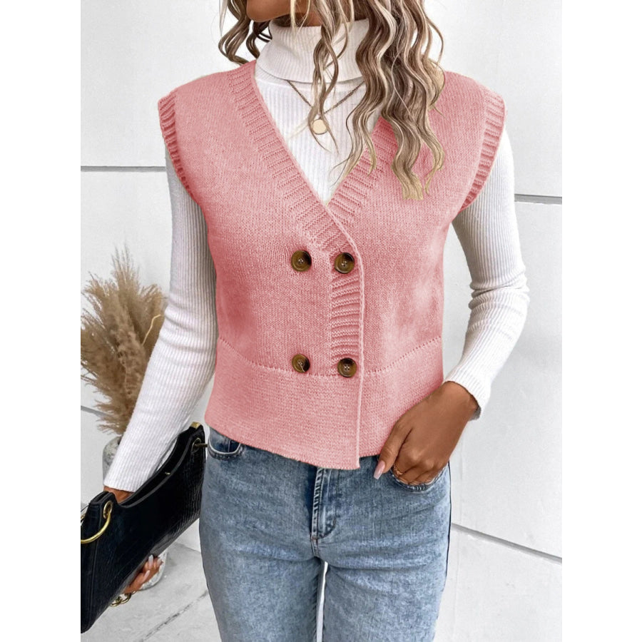 Full Size Button Up V-Neck Sweater Vest Dusty Pink / S Apparel and Accessories