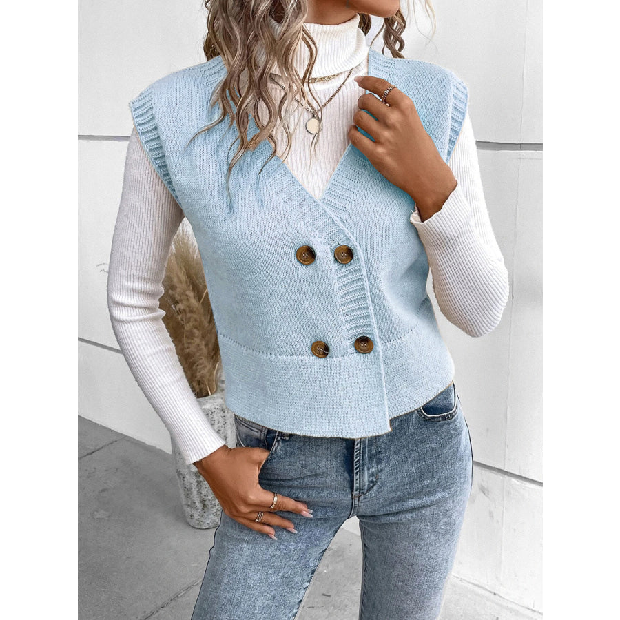 Full Size Button Up V-Neck Sweater Vest Light Blue / S Apparel and Accessories