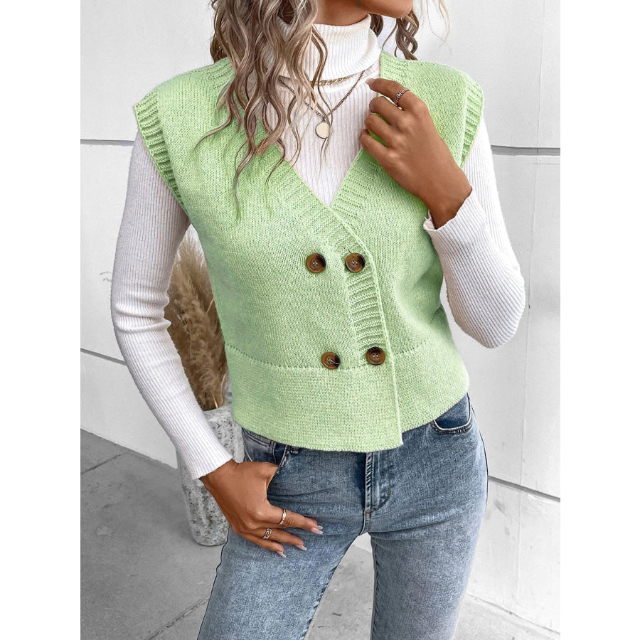 Full Size Button Up V-Neck Sweater Vest Light Green / S Apparel and Accessories