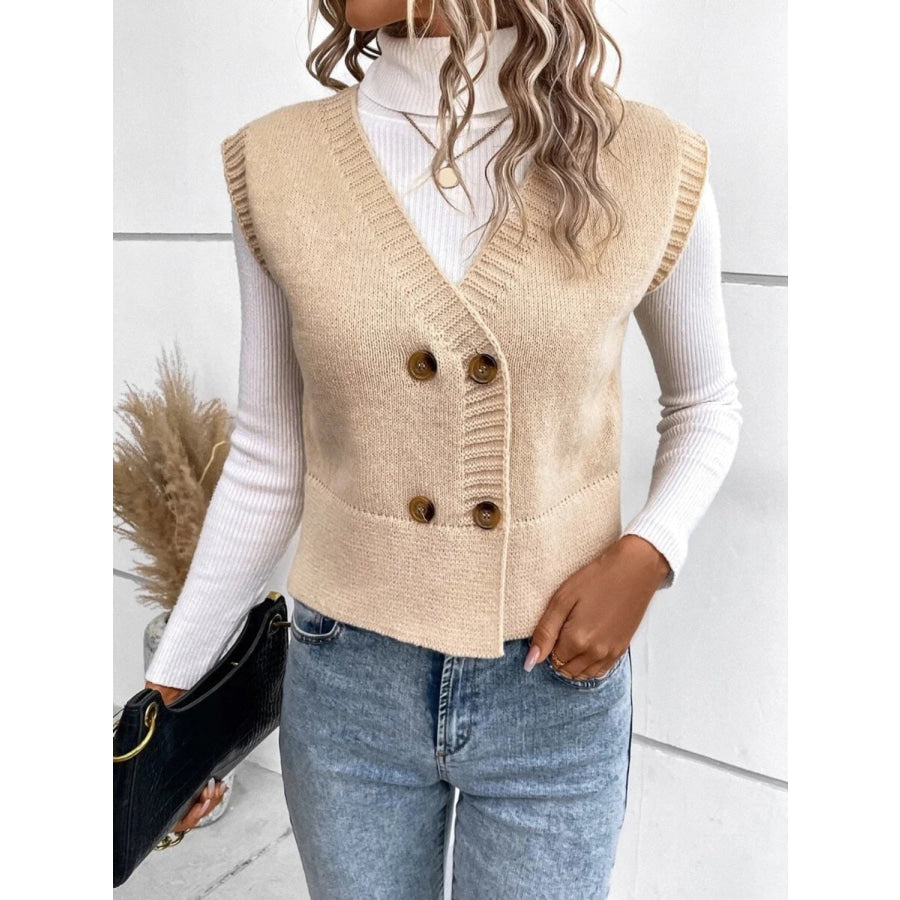 Full Size Button Up V-Neck Sweater Vest Tan / S Apparel and Accessories