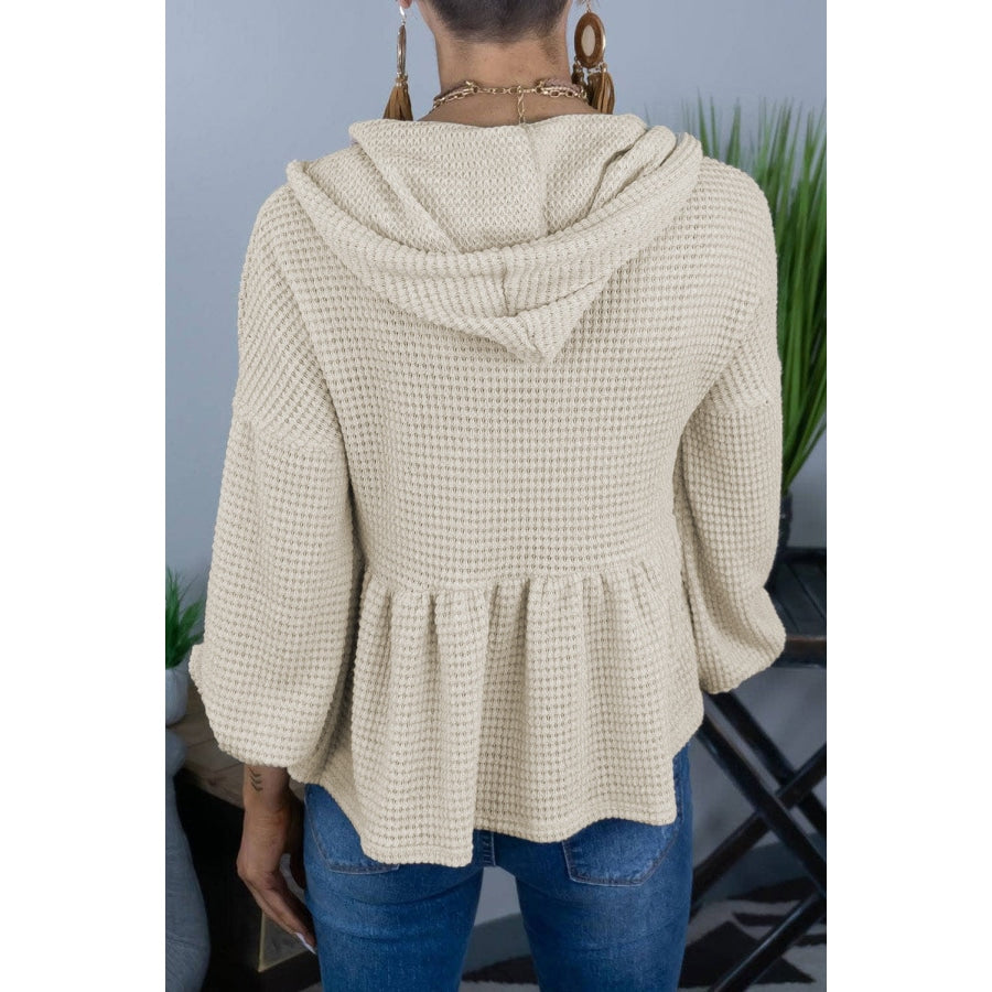 Full Size Buttoned Waffle-Knit Dropped Shoulder Hoodie Beige / S