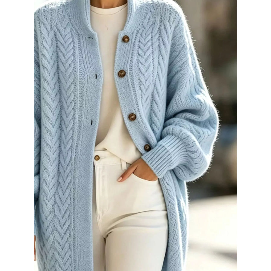 Full Size Cable-Knit Button-Down Cardigan Plus Apparel and Accessories