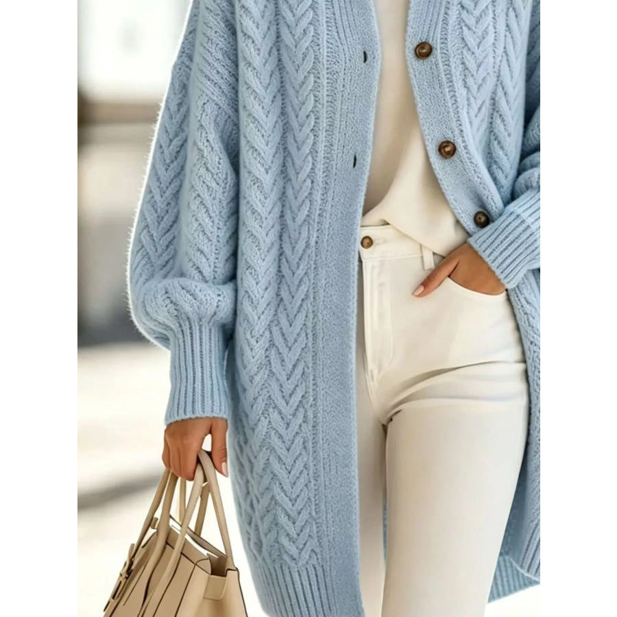 Full Size Cable-Knit Button-Down Cardigan Plus Apparel and Accessories