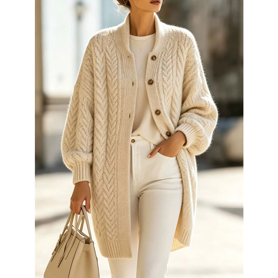 Full Size Cable-Knit Button-Down Cardigan Plus Apparel and Accessories