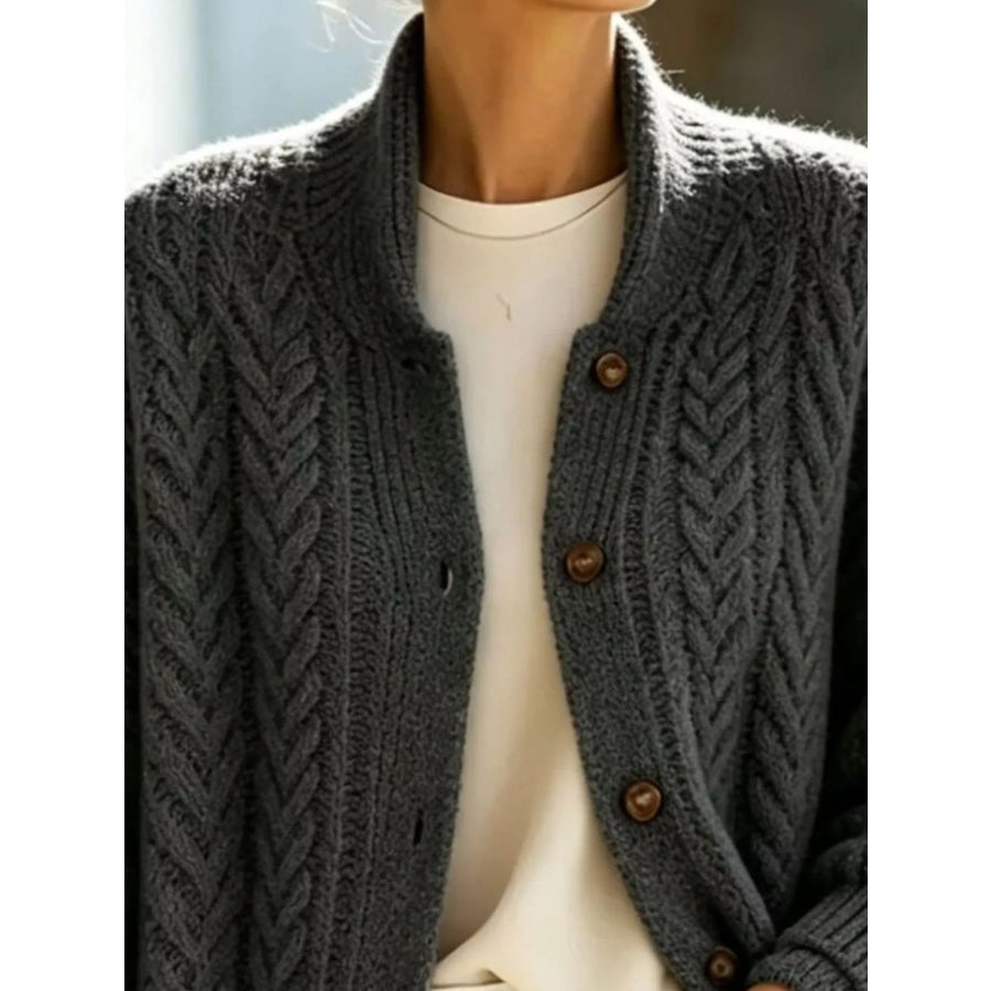 Full Size Cable-Knit Button-Down Cardigan Plus Apparel and Accessories