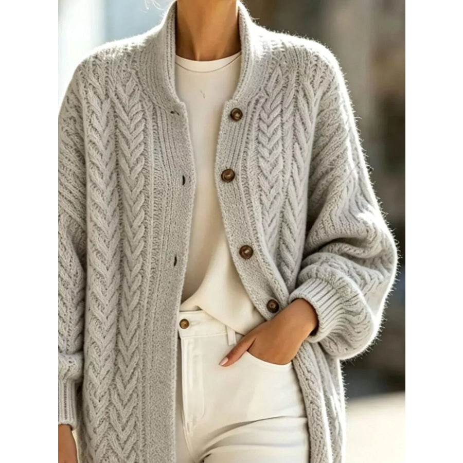 Full Size Cable-Knit Button-Down Cardigan Plus Apparel and Accessories